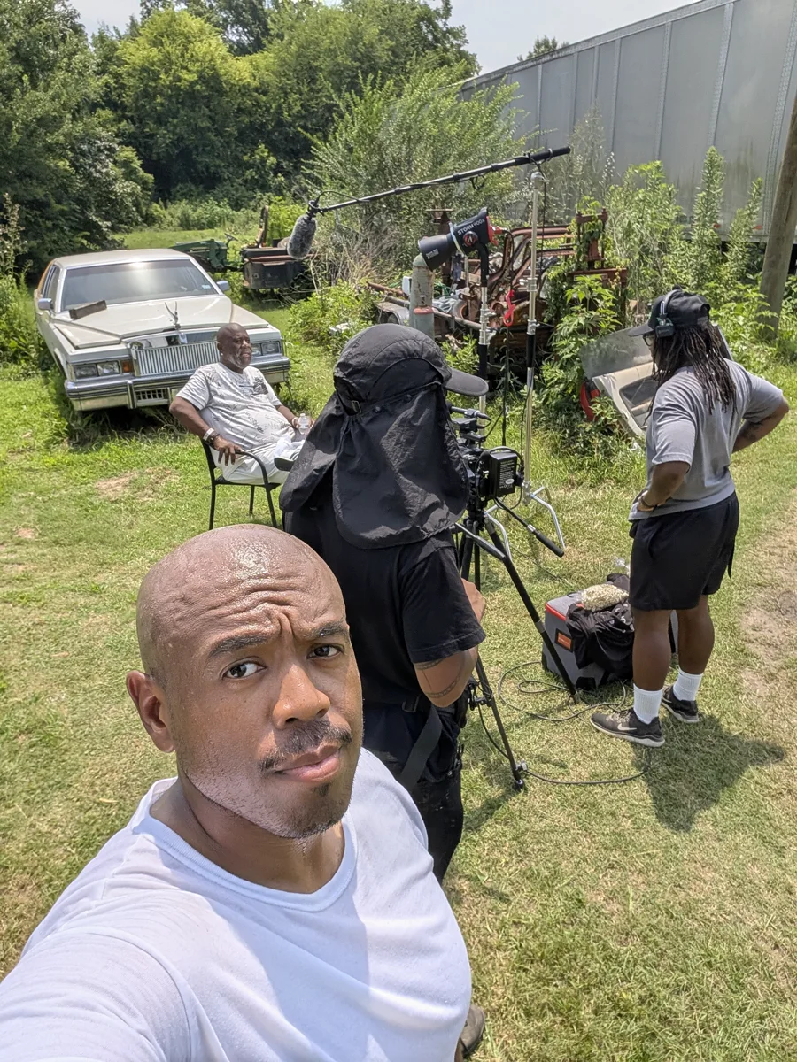 Behind the scenes: interview production setup in a garage
