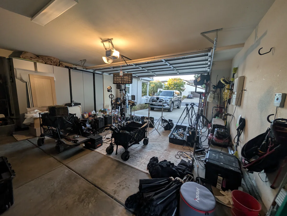 Behind the scenes: camera, lighting, and grip equipment prepared for production